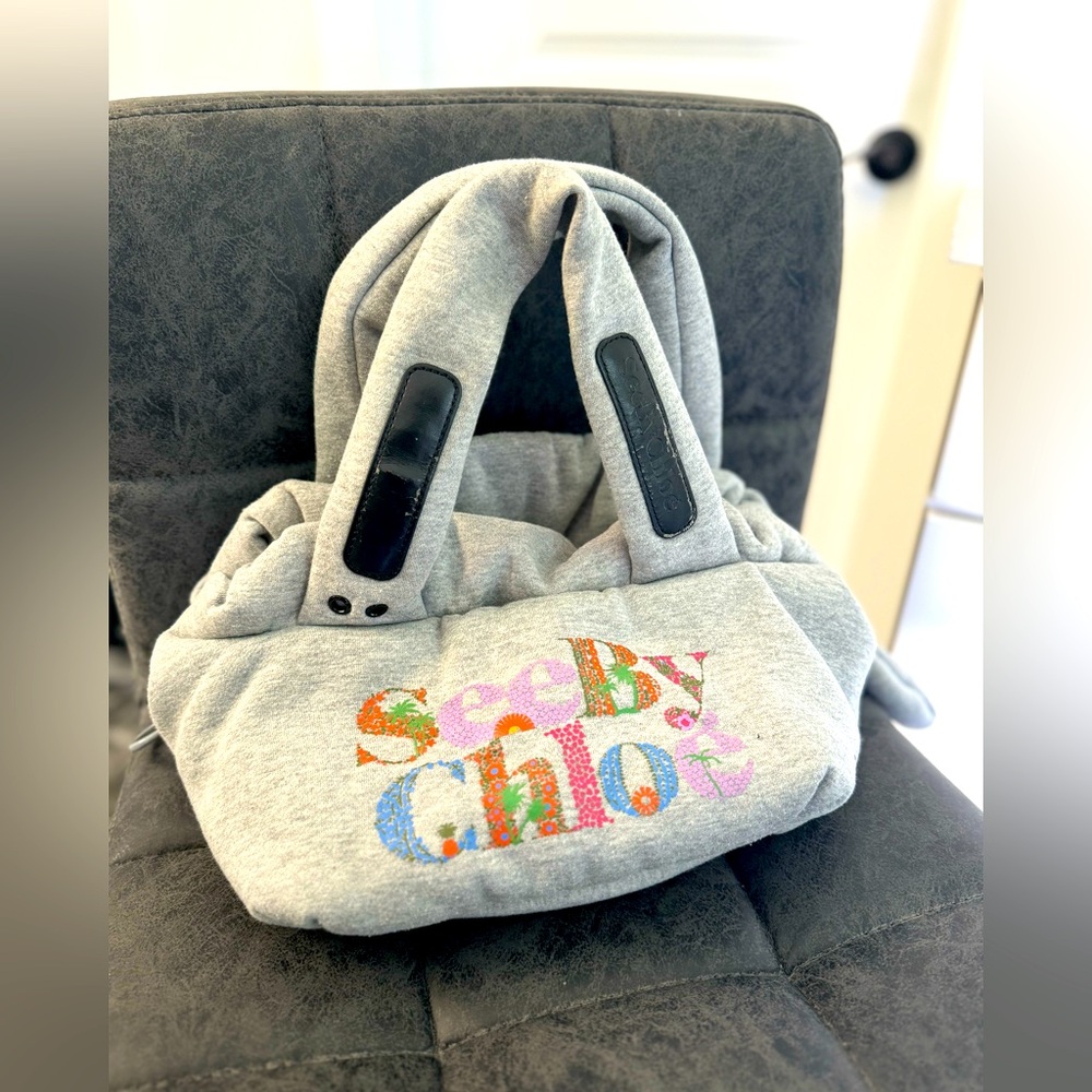 See By Chloe Gray Quilted Tote with Multicolor Embroidered Logo
